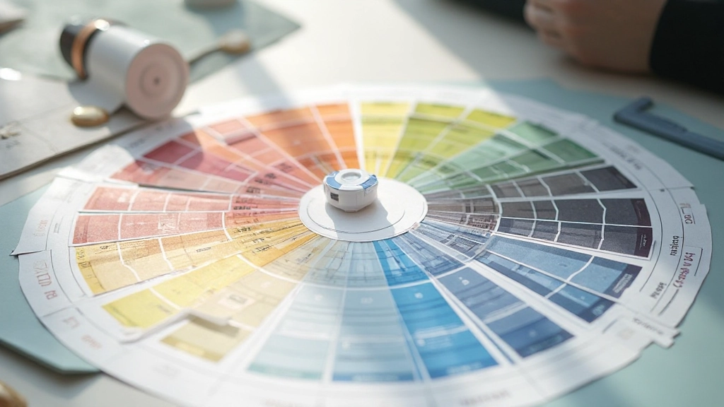 Kleurwiel met harmonische kleurschema's en typografiestalen op designtafel, professioneel arrangement met geometrische vormen