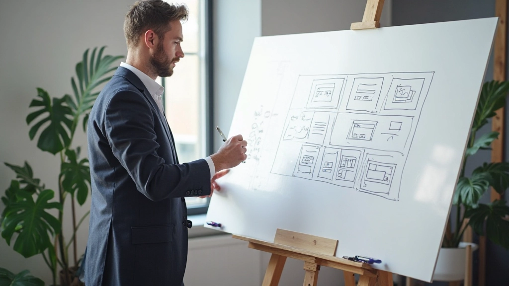 Wireframing en layout structuur planning op whiteboard en digitaal canvas met design tools